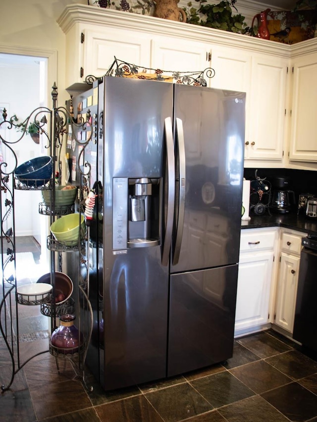 kitchen with white cabinetry, black dishwasher, and stainless steel fridge with ice dispenser