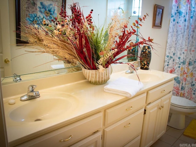 bathroom with tile patterned flooring, vanity, and toilet