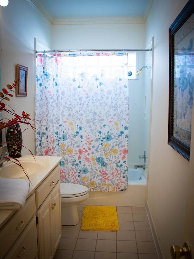 full bathroom featuring vanity, tile patterned flooring, crown molding, and shower / bath combo with shower curtain