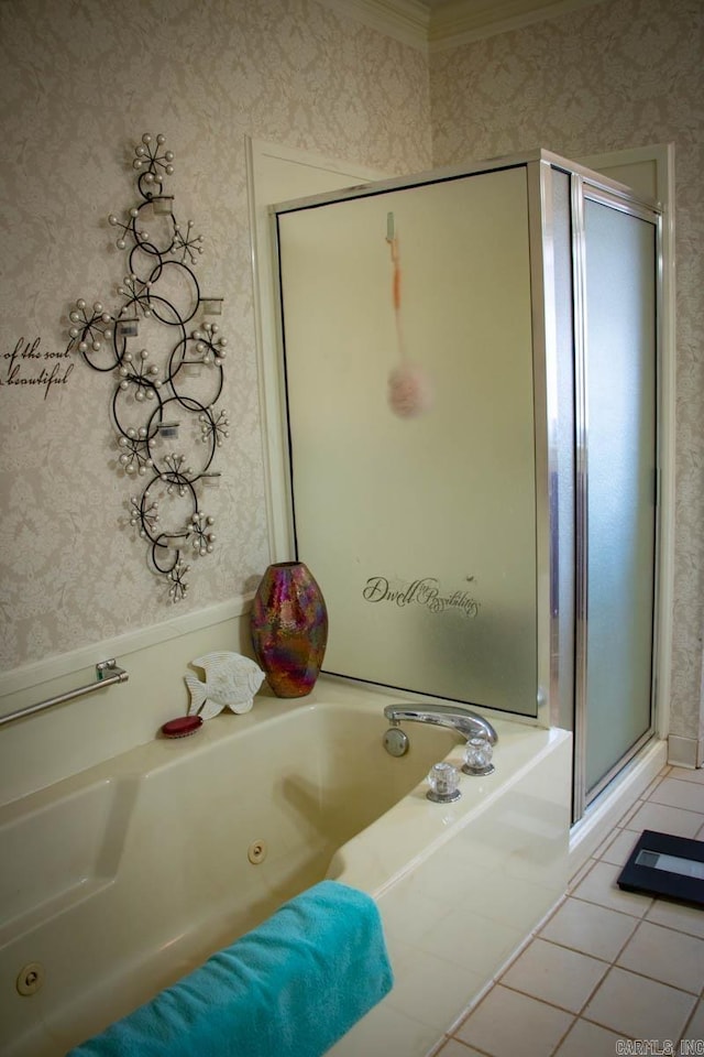 bathroom with plus walk in shower and tile patterned flooring