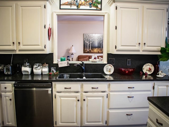 kitchen with white cabinetry, dishwasher, and sink