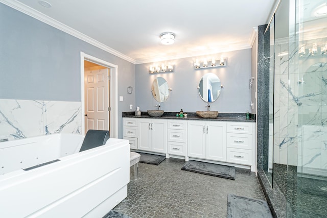 bathroom featuring vanity, ornamental molding, and walk in shower