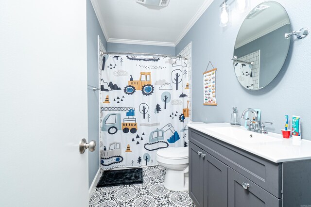 bathroom with crown molding, vanity, a shower with curtain, tile patterned floors, and toilet