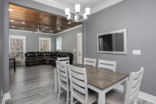 dining room featuring hardwood / wood-style floors, wood ceiling, ceiling fan with notable chandelier, and ornamental molding