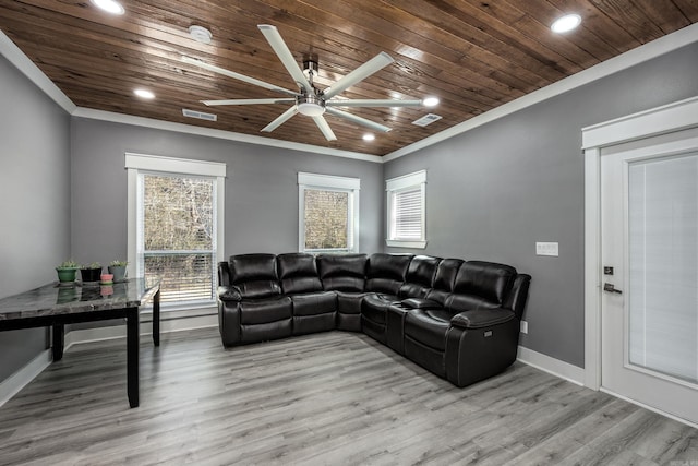 living room with ornamental molding, light hardwood / wood-style flooring, and wooden ceiling