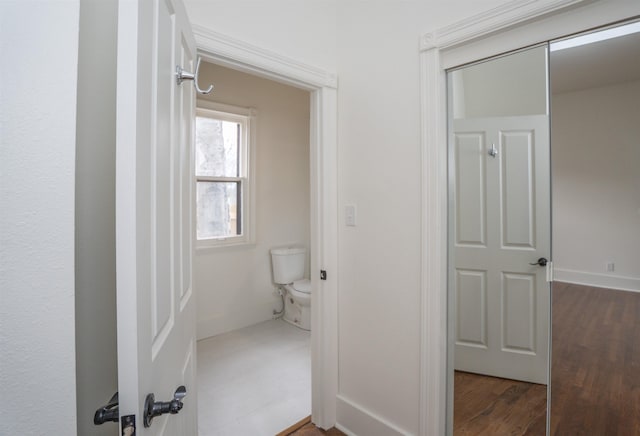 bathroom with hardwood / wood-style flooring and toilet