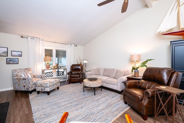 living room with dark hardwood / wood-style flooring, high vaulted ceiling, and ceiling fan