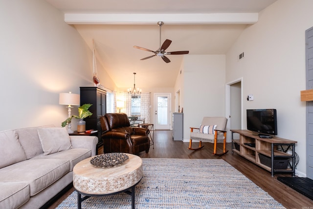 living room featuring beamed ceiling, high vaulted ceiling, dark hardwood / wood-style floors, and ceiling fan with notable chandelier