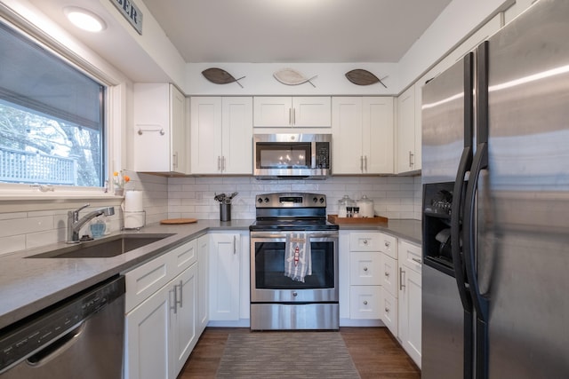 kitchen featuring stainless steel appliances, sink, white cabinets, and decorative backsplash