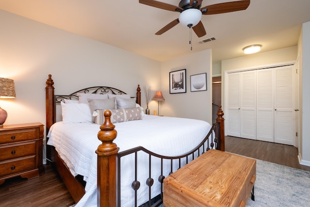 bedroom with dark wood-type flooring, a closet, and ceiling fan