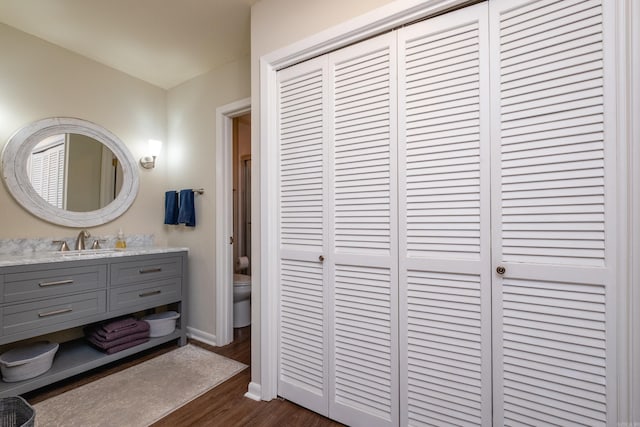 bathroom featuring vanity, toilet, and hardwood / wood-style floors