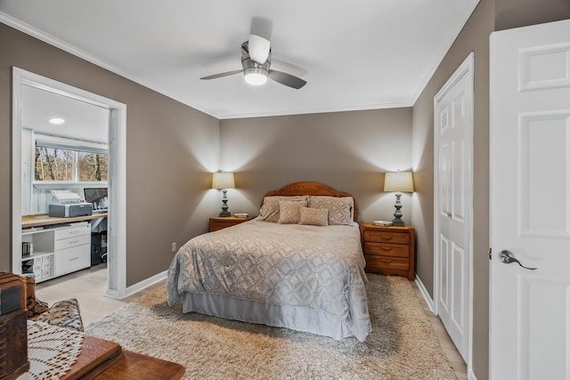 tiled bedroom featuring crown molding and ceiling fan