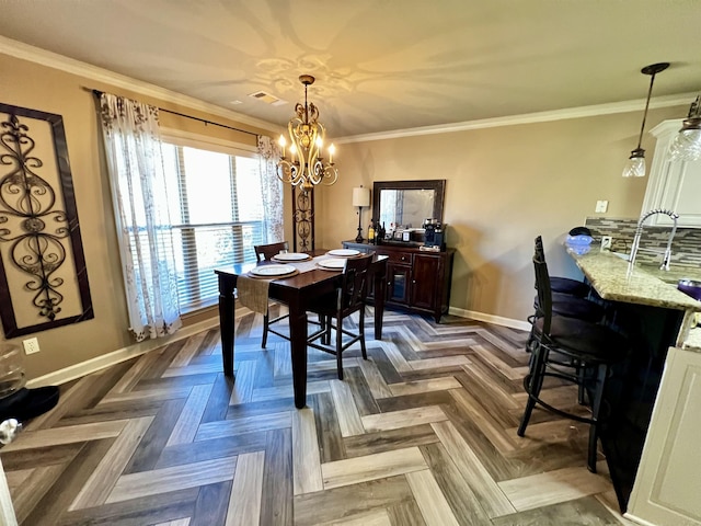 dining area featuring a notable chandelier, crown molding, and dark parquet flooring