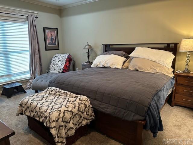 bedroom with carpet floors and ornamental molding