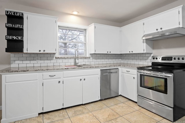 kitchen featuring white cabinetry, backsplash, sink, and appliances with stainless steel finishes