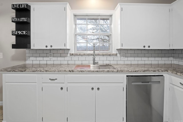 kitchen featuring white cabinetry, sink, decorative backsplash, and dishwasher