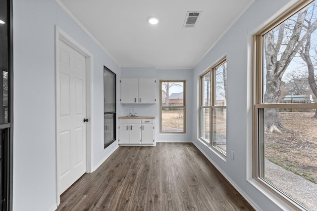 interior space featuring white cabinetry, ornamental molding, dark hardwood / wood-style floors, and sink