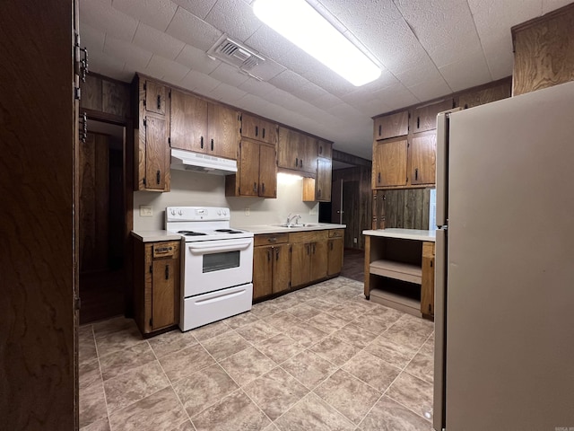 kitchen featuring sink, electric range, and fridge