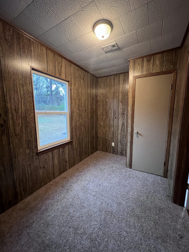 empty room with wood walls and carpet flooring