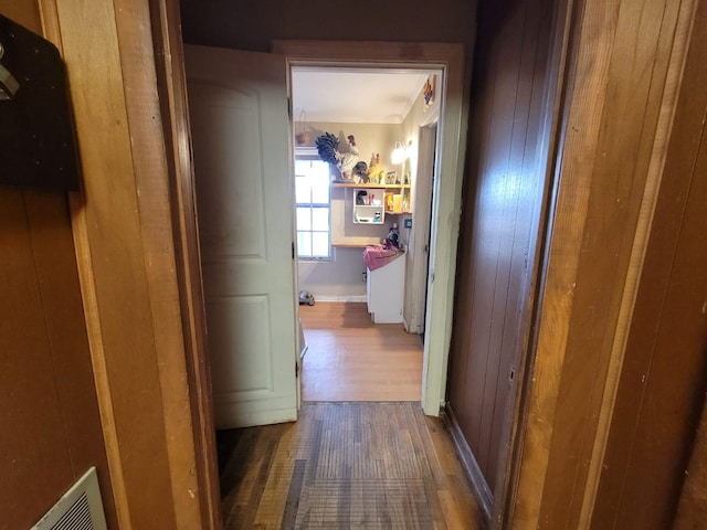 hall featuring dark wood-type flooring