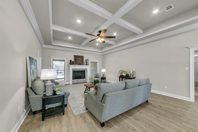 living room with ceiling fan, coffered ceiling, beam ceiling, and light wood-type flooring