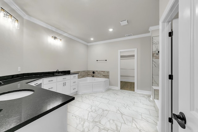 bathroom with crown molding, separate shower and tub, and vanity