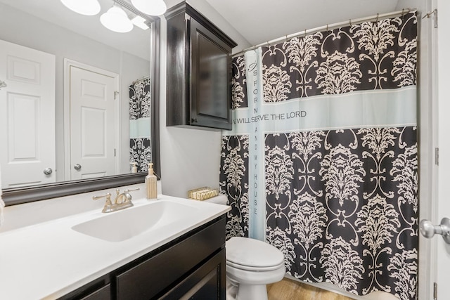 bathroom with vanity, wood-type flooring, and toilet