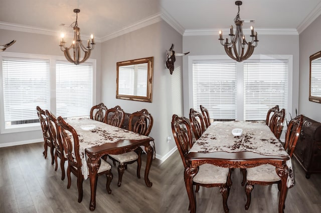 dining room featuring an inviting chandelier, ornamental molding, and dark hardwood / wood-style flooring