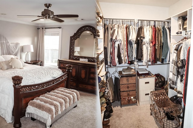 bedroom featuring ornamental molding, light carpet, and ceiling fan