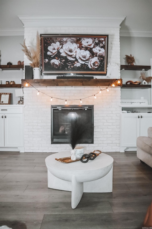 room details featuring crown molding, wood-type flooring, and a fireplace