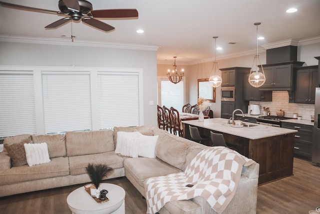 living room with dark hardwood / wood-style flooring, sink, and ornamental molding