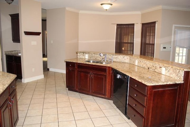 kitchen with light stone counters, sink, crown molding, and black dishwasher