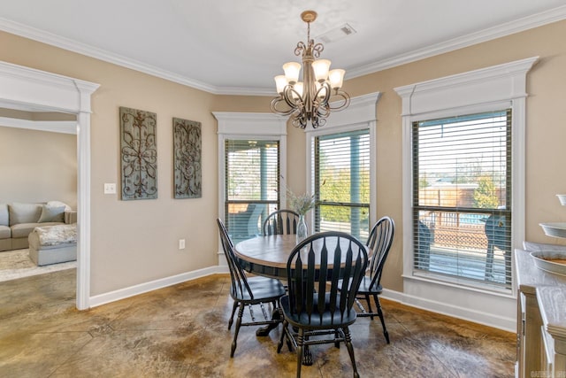 dining area with ornamental molding and a chandelier