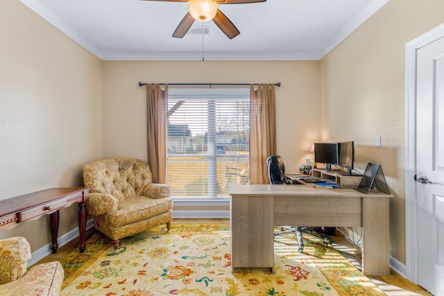 office area with ornamental molding, ceiling fan, and light hardwood / wood-style floors