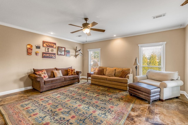 living room with crown molding and ceiling fan