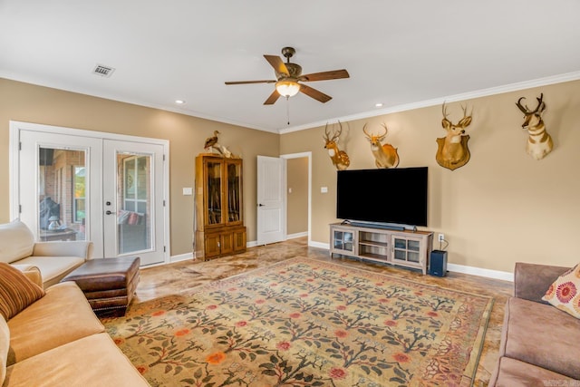 living room featuring french doors, ceiling fan, and ornamental molding