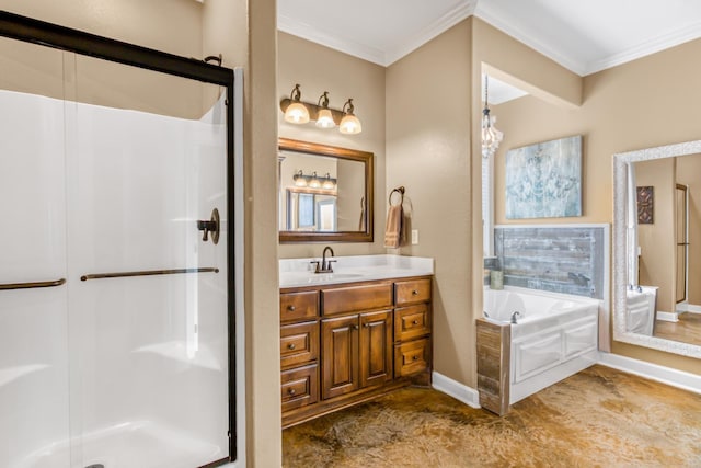 bathroom with vanity, crown molding, and separate shower and tub