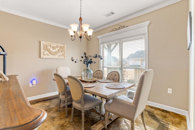 dining area with an inviting chandelier and crown molding