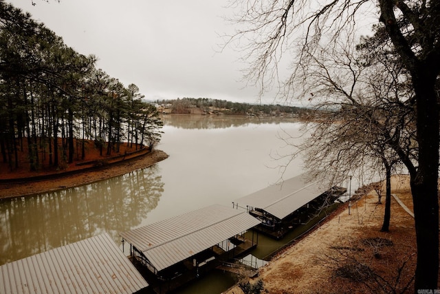 view of dock with a water view