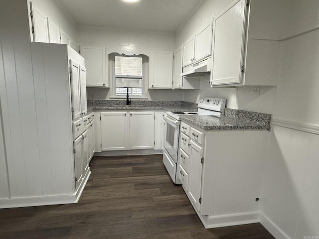 kitchen with dark wood-type flooring, sink, white cabinetry, dark stone countertops, and white range with electric cooktop