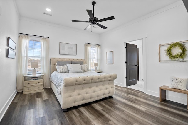 bedroom with dark hardwood / wood-style flooring, multiple windows, ornamental molding, and ceiling fan