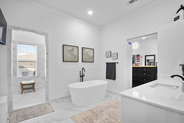 bathroom featuring vanity, crown molding, and plus walk in shower