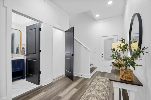 foyer entrance featuring dark wood-type flooring