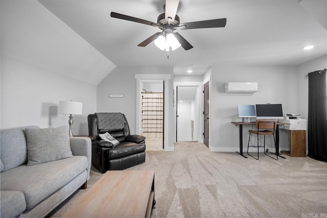 living room featuring light carpet, a wall mounted air conditioner, lofted ceiling, and ceiling fan