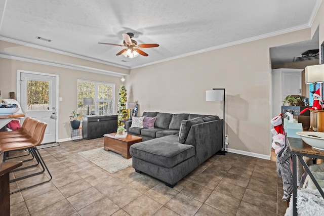 tiled living room featuring crown molding and ceiling fan