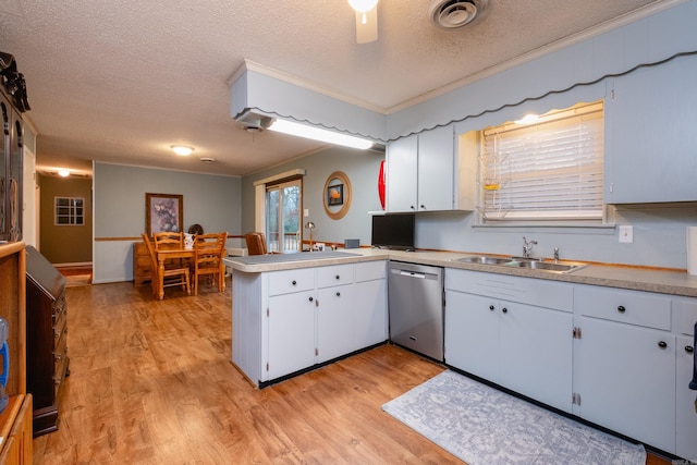 kitchen featuring white cabinetry, dishwasher, sink, and kitchen peninsula