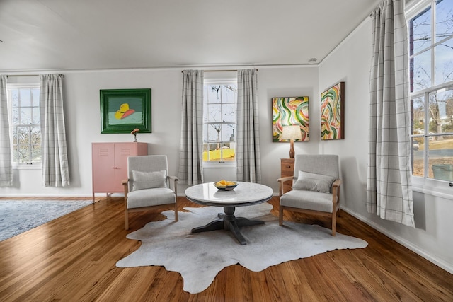 living area with hardwood / wood-style flooring and a wealth of natural light