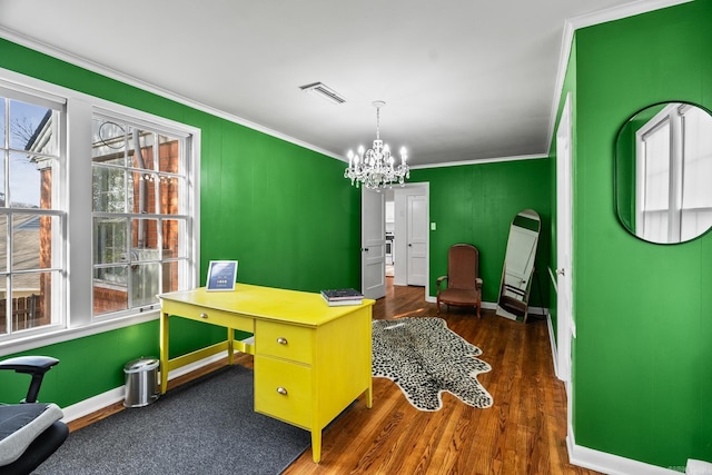 office area featuring crown molding, dark hardwood / wood-style floors, a chandelier, and a healthy amount of sunlight