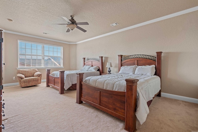 bedroom featuring crown molding, light carpet, a textured ceiling, and ceiling fan