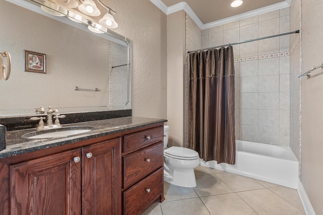 full bathroom featuring crown molding, shower / tub combo, vanity, tile patterned floors, and toilet